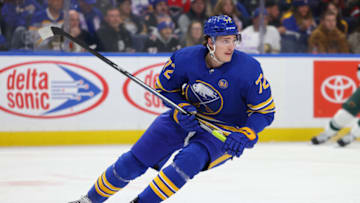 Nov 10, 2023; Buffalo, New York, USA; Buffalo Sabres right wing Tage Thompson (72) looks for the puck during the second period against the Minnesota Wild at KeyBank Center. Mandatory Credit: Timothy T. Ludwig-USA TODAY Sports