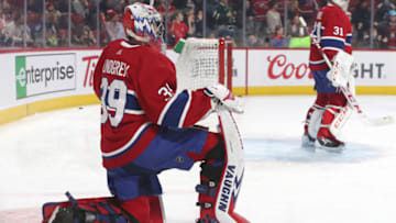 Feb 8, 2020; Montreal, Quebec, CAN; Montreal Canadiens goaltenders Charlie Lindgren (39) and Carey Price (31) during the warm-up session before the game against Toronto Maple Leafs at Bell Centre. Mandatory Credit: Jean-Yves Ahern-USA TODAY Sports