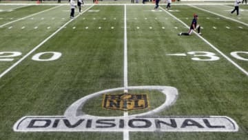 Jan 16, 2016; Foxborough, MA, USA; A view of the NFL Divisional logo on the field before the AFC Divisional round playoff game between the New England Patriots and the Kansas City Chiefs at Gillette Stadium. Mandatory Credit: Stew Milne-USA TODAY Sports