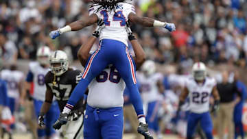 Dec 21, 2014; Oakland, CA, USA; Buffalo Bills receiver Sammy Watkins (14) celebrates with guard Cyril Richardson (68) after a 42-yard touchdown reception in the first quarter against the Oakland Raiders at O.co Coliseum. Mandatory Credit: Kirby Lee-USA TODAY Sports