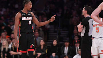 NEW YORK, NY - APRIL 6: Josh Richardson #0 of the Miami Heat reacts against a referee during the game against the New York Knicks at Madison Square Garden on April 6, 2018 in New York City. NOTE TO USER: User expressly acknowledges and agrees that, by downloading and or using this photograph, User is consenting to the terms and conditions of the Getty Images License Agreement. (Photo by Matteo Marchi/Getty Images)