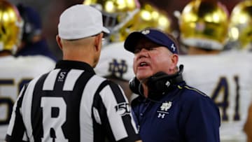 ATHENS, GEORGIA - SEPTEMBER 21: Head coach Brian Kelly of the Notre Dame Fighting argues with the referee while playing the Georgia Bulldogs at Sanford Stadium on September 21, 2019 in Athens, Georgia. (Photo by Kevin C. Cox/Getty Images)