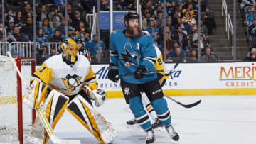 SAN JOSE, CA - JANUARY 20: Casey DeSmith #1 of the Pittsburgh Penguins defends the net against Joe Thornton #19 of the San Jose Sharks at SAP Center on January 20, 2018 in San Jose, California. (Photo by Rocky W. Widner/NHL/Getty Images)