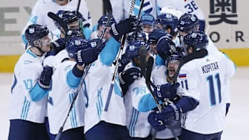 Sep 25, 2016; Toronto, Ontario, Canada; Team Europe celebrates a win over Team Sweden after an overtime gal by forward Tomas Tatar (21) during a semifinal game in the 2016 World Cup of Hockey at Air Canada Centre. Team Europe defeated Team Sweden 3-2 in overtime. Mandatory Credit: John E. Sokolowski-USA TODAY Sports