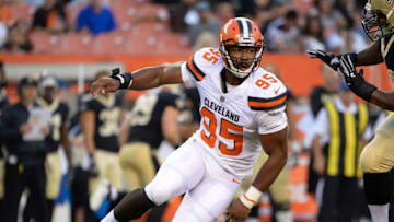 CLEVELAND, OH - AUGUST 10, 2017: Defensive end Myles Garrett #95 of the Cleveland Browns fights off the block of left tackle Khalif Barnes #69 of the New Orleans Saints in the first quarter of a preseason game on August 10, 2017 at FirstEnergy Stadium in Cleveland, Ohio. Cleveland won 20-14. (Photo by: 2017 Nick Cammett/Diamond Images/Getty Images)