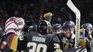 LAS VEGAS, NV - DECEMBER 05: Malcolm Subban #30 of the Vegas Golden Knights is congratulated by teammates including Shea Theodore (R) #27 after they defeated the Anaheim Ducks 4-3 in a shootout at T-Mobile Arena on December 5, 2017 in Las Vegas, Nevada. (Photo by Ethan Miller/Getty Images)