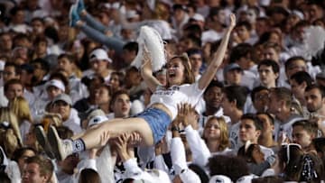 Sep 29, 2018; University Park, PA, USA; A Penn State Nittany Lions fan celebrates following a touchdown during the fourth quarter against the Ohio State Buckeyes at Beaver Stadium. Ohio State defeated Penn State 27-26. Mandatory Credit: Matthew O'Haren-USA TODAY Sports