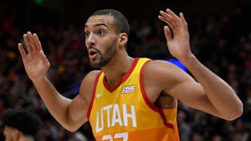 SALT LAKE CITY, UT - NOVEMBER 21: Rudy Gobert #27 of the Utah Jazz reacts to a foul call in the first half of a NBA game against the Sacramento Kings at Vivint Smart Home Arena on November 21, 2018 in Salt Lake City, Utah. NOTE TO USER: User expressly acknowledges and agrees that, by downloading and or using this photograph, User is consenting to the terms and conditions of the Getty Images License Agreement. (Photo by Gene Sweeney Jr./Getty Images)