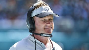 MIAMI, FL - SEPTEMBER 23: Head coach Jon Gruden of the Oakland Raiders looks on during the second quarter against Miami Dolphins at Hard Rock Stadium on September 23, 2018 in Miami, Florida. (Photo by Mark Brown/Getty Images)