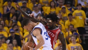 April 16, 2016; Oakland, CA, USA; Golden State Warriors guard Stephen Curry (30) and Houston Rockets guard Patrick Beverley (2) collide during the first quarter in game one of the first round of the NBA Playoffs at Oracle Arena. Mandatory Credit: Kyle Terada-USA TODAY Sports