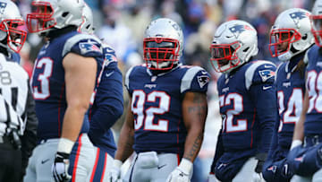 FOXBORO, MA - DECEMBER 31: James Harrison #92 of the New England Patriots stands with teammates during the first half against the New York Jets at Gillette Stadium on December 31, 2017 in Foxboro, Massachusetts. (Photo by Maddie Meyer/Getty Images)