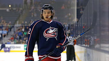 Sep 21, 2015; Columbus, OH, USA; Columbus Blue Jackets left wing Sonny Milano (22) against the Pittsburgh Penguins at Nationwide Arena. The Penguins won 1-0 in a shootout. Mandatory Credit: Aaron Doster-USA TODAY Sports