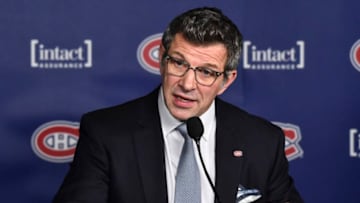 MONTREAL, QC - JANUARY 07: General manager of the Montreal Canadiens Marc Bergevin addresses the media prior to the NHL game at the Bell Centre on January 7, 2018 in Montreal, Quebec, Canada. The Montreal Canadiens defeated the Vancouver Canucks 5-2. (Photo by Minas Panagiotakis/Getty Images)