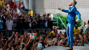 TORONTO, CANADA - JULY 12: Conor McGregor interacts with the crowd as he is introduced on stage during the Floyd Mayweather Jr. v Conor McGregor World Press Tour event at the Budweiser Stage on July 12, 2017 in Toronto, Ontario, Canada. (Photo by Jeff Bottari/Zuffa LLC/Zuffa LLC via Getty Images)