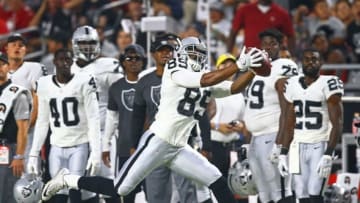 Aug 12, 2016; Glendale, AZ, USA; Oakland Raiders wide receiver Amari Cooper (89) attempts to make a catch in the first half against the Arizona Cardinals during a preseason game at University of Phoenix Stadium. Mandatory Credit: Mark J. Rebilas-USA TODAY Sports