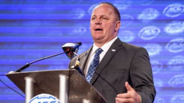 Jul 21, 2022; Charlotte, NC, USA; Duke Head Coach Mike Elko talks to the media during the second day of ACC Media Days at the Westin Hotel in Charlotte, NC. Mandatory Credit: Jim Dedmon-USA TODAY Sports