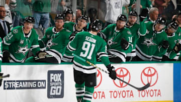 DALLAS, TX - NOVEMBER 24: Tyler Seguin #91 of the Dallas Stars celebrates an empty-net goal, his third of the night against the Calgary Flames at the American Airlines Center on November 24, 2017 in Dallas, Texas. (Photo by Glenn James/NHLI via Getty Images)