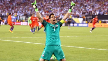 Jun 26, 2016; East Rutherford, NJ, USA; Chile goalkeeper Claudio Bravo (1) celebrates after defeating Argentina during the championship match of the 2016 Copa America Centenario soccer tournament at MetLife Stadium. Chile won 0-0 (4-2). Mandatory Credit: Brad Penner-USA TODAY Sports