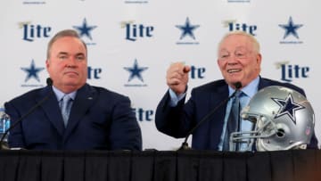 FRISCO, TEXAS - JANUARY 08: Head coach Mike McCarthy of the Dallas Cowboys and Dallas Cowboys owner Jerry Jones talk with the media during a press conference at the Ford Center at The Star on January 08, 2020 in Frisco, Texas. (Photo by Tom Pennington/Getty Images)