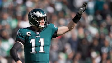 PHILADELPHIA, PA - OCTOBER 21: Carson Wentz #11 of the Philadelphia Eagles looks on against the Carolina Panthers at Lincoln Financial Field on October 21, 2018 in Philadelphia, Pennsylvania. (Photo by Mitchell Leff/Getty Images)