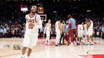 TORONTO, ON - NOVEMBER 5: Darius Garland #10 of the Cleveland Cavaliers celebrates after their team defeats the Toronto Raptors at the Scotiabank Arena on November 5, 2021 in Toronto, Ontario, Canada. NOTE TO USER: User expressly acknowledges and agrees that, by downloading and/or using this Photograph, user is consenting to the terms and conditions of the Getty Images License Agreement. (Photo by Mark Blinch/Getty Images)