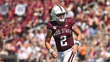 Sep 24, 2022; Starkville, Mississippi, USA; Mississippi State Bulldogs quarterback Will Rogers (2) reacts after a touchdown against the Bowling Green Falcons during the fourth quarter at Davis Wade Stadium at Scott Field. Mandatory Credit: Matt Bush-USA TODAY Sports