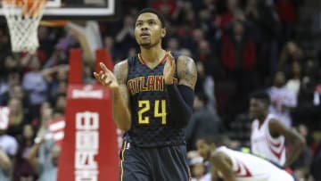 Dec 29, 2015; Houston, TX, USA; Atlanta Hawks forward Kent Bazemore (24) claps during the fourth quarter against the Houston Rockets at Toyota Center. The Hawks defeated the Rockets 121-115. Mandatory Credit: Troy Taormina-USA TODAY Sports