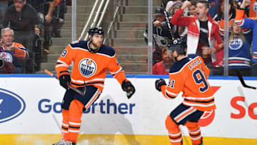 EDMONTON, AB - NOVEMBER 13: Leon Draisaitl #29 and Drake Caggiula #91 of the Edmonton Oilers celebrate after a goal during the game against the Montreal Canadiens on November 13, 2018 at Rogers Place in Edmonton, Alberta, Canada. (Photo by Andy Devlin/NHLI via Getty Images)