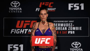 HOUSTON, TEXAS - FEBRUARY 03: Bec Rawlings of Australia poses on the scale during the UFC Fight Night weigh-in at the Sheraton North Houston at George Bush Intercontinental on February 3, 2017 in Houston, Texas. (Photo by Jeff Bottari/Zuffa LLC/Zuffa LLC via Getty Images)
