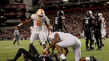 COLUMBIA, SC - OCTOBER 27: Jauan Jennings #15 of the Tennessee Volunteers is called for a unsportsmanship penalty against Steven Montac #22 of the South Carolina Gamecocks during their game at Williams-Brice Stadium on October 27, 2018 in Columbia, South Carolina. (Photo by Streeter Lecka/Getty Images)