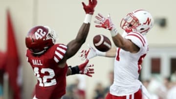 Oct 15, 2016; Bloomington, IN, USA; Nebraska Cornhuskers wide receiver Brandon Reilly (87) misses a pass under coverage from Indiana Hoosiers defensive back Marcelino Ball (42) during the second half of the game at Memorial Stadium. The Nebraska Cornhuskers defeated the Indiana Hoosiers 27 to 22. Mandatory Credit: Marc Lebryk-USA TODAY Sports