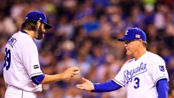 KANSAS CITY, MO - Jason Hammel #39 of the Kansas City Royals is taken out of the game against the Chicago White Sox in the fourth inning by manager Ned Yost #3 at Kauffman Stadium on September 11, 2017 in Kansas City, Missouri. (Photo by Brian Davidson/Getty Images)