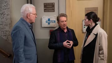 Only Murders in the Building -- “Sitzprobe” - Episode 308 -- On the day of the show’s most critical rehearsal, the pressure mounts. A familiar official returns to upend the case, Loretta’s complex past threatens to upend all else and Charles must finally sing his number without losing his marbles. Charles (Steve Martin), Oliver (Martin Short) and Mabel (Selena Gomez), shown. (Photo by: Patrick Harbron/Hulu)