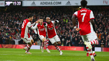 LONDON, ENGLAND - DECEMBER 11: Alexandre Lacazette of Arsenal celebrates scoring the opening goal during the Premier League match between Arsenal and Southampton at Emirates Stadium on December 11, 2021 in London, England. (Photo by Craig Mercer/MB Media/Getty Images)