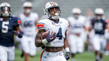 Auburn football running back Tank Bigsby (4) runs the ball during Auburn football A-Day spring game at Jordan-Hare Stadium in Auburn, Ala., on Saturday, April 17, 2021.