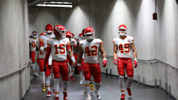 DETROIT, MI - SEPTEMBER 29: Patrick Mahomes #15, Anthony Sherman #42 and Daniel Sorensen #49 of the Kansas City Chiefs make their way to the field prior to the start of the game aganist the Detroit Lions at Ford Field on September 29, 2019 in Detroit, Michigan. (Photo by Rey Del Rio/Getty Images)