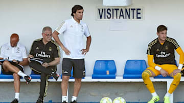 PONTEVEDRA, SPAIN - AUGUST 01: Raul Gonzalez Blanco (3L) the manager of Real Madrid B looks on during the Pre-season Friendly match between Pontevedra CF and Real Madrid B at Estadio de Baltar on August 01, 2019 in Pontevedra, Spain. (Photo by Quality Sport Images/Getty Images)