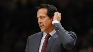 Erik Spoelstra of the Miami Heat looks on during the second half of an NBA game against the Atlanta Hawks(Photo by Todd Kirkland/Getty Images)