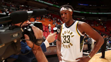 MIAMI, FL - NOVEMBER 19: Myles Turner #33 of the Indiana Pacers talks with the media after the game against the Miami Heat on November 19, 2017 at American Airlines Arena in Miami, Florida. NOTE TO USER: User expressly acknowledges and agrees that, by downloading and or using this Photograph, user is consenting to the terms and conditions of the Getty Images License Agreement. Mandatory Copyright Notice: Copyright 2017 NBAE (Photo by Issac Baldizon/NBAE via Getty Images)