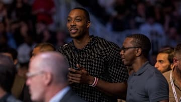 Jul 9, 2016; Las Vegas, NV, USA; Dwight Howard spectate the Anderson Silva (blue gloves) vs. Daniel Cormier (red gloves) UFC 200 fight at T-Mobile Arena. Mandatory Credit: Joshua Dahl-USA TODAY Sports