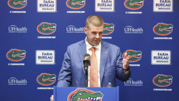 GAINESVILLE, FLORIDA - DECEMBER 05: Head Coach Billy Napier of the Florida Gators speaks during a press conference introducing him to the Media at Ben Hill Griffin Stadium on December 05, 2021 in Gainesville, Florida. (Photo by James Gilbert/Getty Images)
