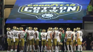 ARLINGTON, TEXAS - DECEMBER 29: The Notre Dame Fighting Irish look on in the first half against the Clemson Tigers during the College Football Playoff Semifinal Goodyear Cotton Bowl Classic at AT&T Stadium on December 29, 2018 in Arlington, Texas. (Photo by Tim Warner/Getty Images)