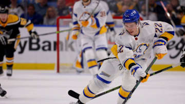 Nov 2, 2022; Buffalo, New York, USA; Buffalo Sabres right wing Jack Quinn (22) skates with the puck during the second period against the Pittsburgh Penguins at KeyBank Center. Mandatory Credit: Timothy T. Ludwig-USA TODAY Sports