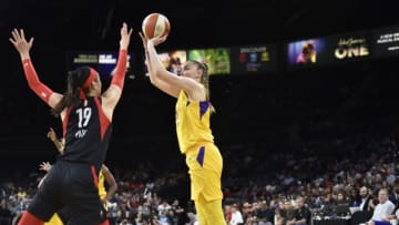 LAS VEGAS, NV - MAY 26: Maria Vadeeva #7 of Los Angeles Sparks shoots jumper against the Las Vegas Aces on May 26, 2019 at the Mandalay Bay Events Center in Las Vegas, Nevada. NOTE TO USER: User expressly acknowledges and agrees that, by downloading and or using this photograph, User is consenting to the terms and conditions of the Getty Images License Agreement. Mandatory Copyright Notice: Copyright 2019 NBAE (Photo by David Becker/NBAE via Getty Images)