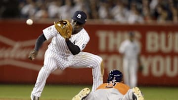 Oct 6, 2015; Bronx, NY, USA; Houston Astros pinch runner Jonathan Villar (2) steals second base against New York Yankees shortstop Didi Gregorius (18) in the American League Wild Card playoff baseball game at Yankee Stadium. Mandatory Credit: Adam Hunger-USA TODAY Sports