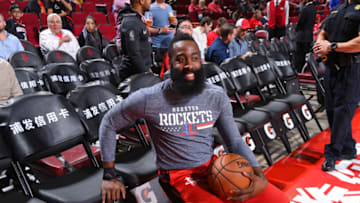 HOUSTON, TX - NOVEMBER 17: James Harden #13 of the Houston Rockets smiles prior to a game against the Sacramento Kings on November 17, 2018 at Toyota Center in Houston, Texas. NOTE TO USER: User expressly acknowledges and agrees that, by downloading and/or using this photograph, User is consenting to the terms and conditions of the Getty Images License Agreement. Mandatory Copyright Notice: Copyright 2018 NBAE (Photo by Bill Baptist/NBAE via Getty Images)