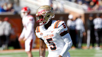 MOBILE, AL - FEBRUARY 04: Safety Jammie Robinson #5 of the Florida State Seminoles from the American Team during the 2023 Resse's Senior Bowl at Hancock Whitney Stadium on the campus of the University of South Alabama on February 4, 2023 in Mobile, Alabama. The National defeated the American 27 to 10. (Photo by Don Juan Moore/Getty Images)