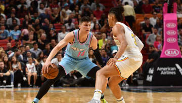 Miami Heat guard Tyler Herro (14) controls the ball around Golden State Warriors guard Jordan Poole (3)(Jasen Vinlove-USA TODAY Sports)