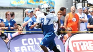 Jul 24, 2014; Anderson, IN, USA; Indianapolis Colts wide receiver Reggie Wayne (87) runs passing routes during training camp at Anderson University. Mandatory Credit: Brian Spurlock-USA TODAY Sports