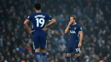 MANCHESTER, ENGLAND - DECEMBER 16: Harry Kane of Tottenham Hotspur looks on during the Premier League match between Manchester City and Tottenham Hotspur at Etihad Stadium on December 16, 2017 in Manchester, England. (Photo by Laurence Griffiths/Getty Images)